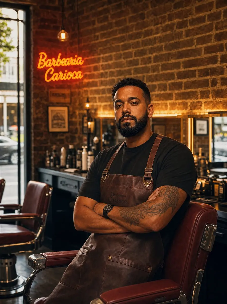 Dono de barbearia de braços cruzados, confiante, na sua barbearia